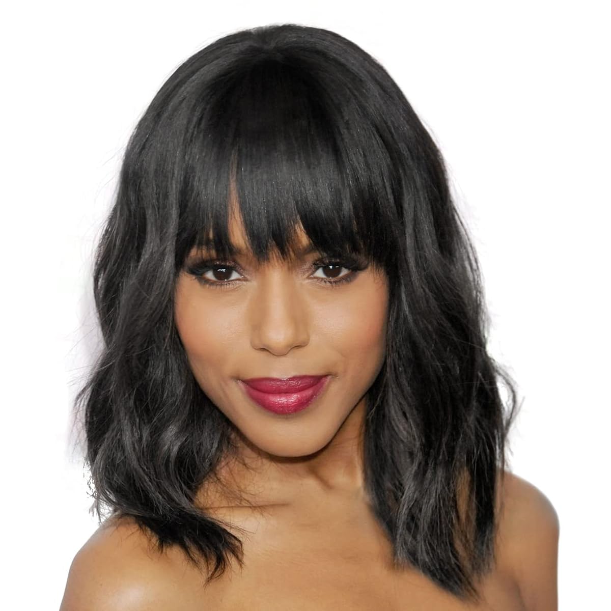 Short Wavy Black Wig with Bangs Bob Short Charming Curly Wavy Wig Women Synthetic Natural Looking Heat Resistant Fiber Hair for Women (14inch)