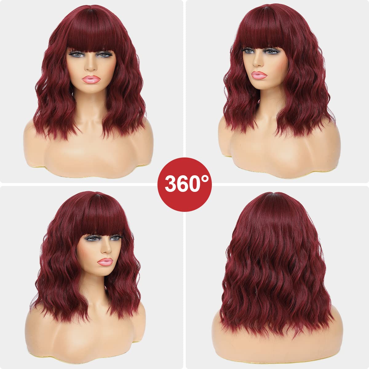 Short Wavy Wig with Bangs Black Mixed Brown Short Bob Wigs Shoulder Length Wear and Go Glueless Wigs Heat Resistant Fiber Synthetic Wig with Bangs