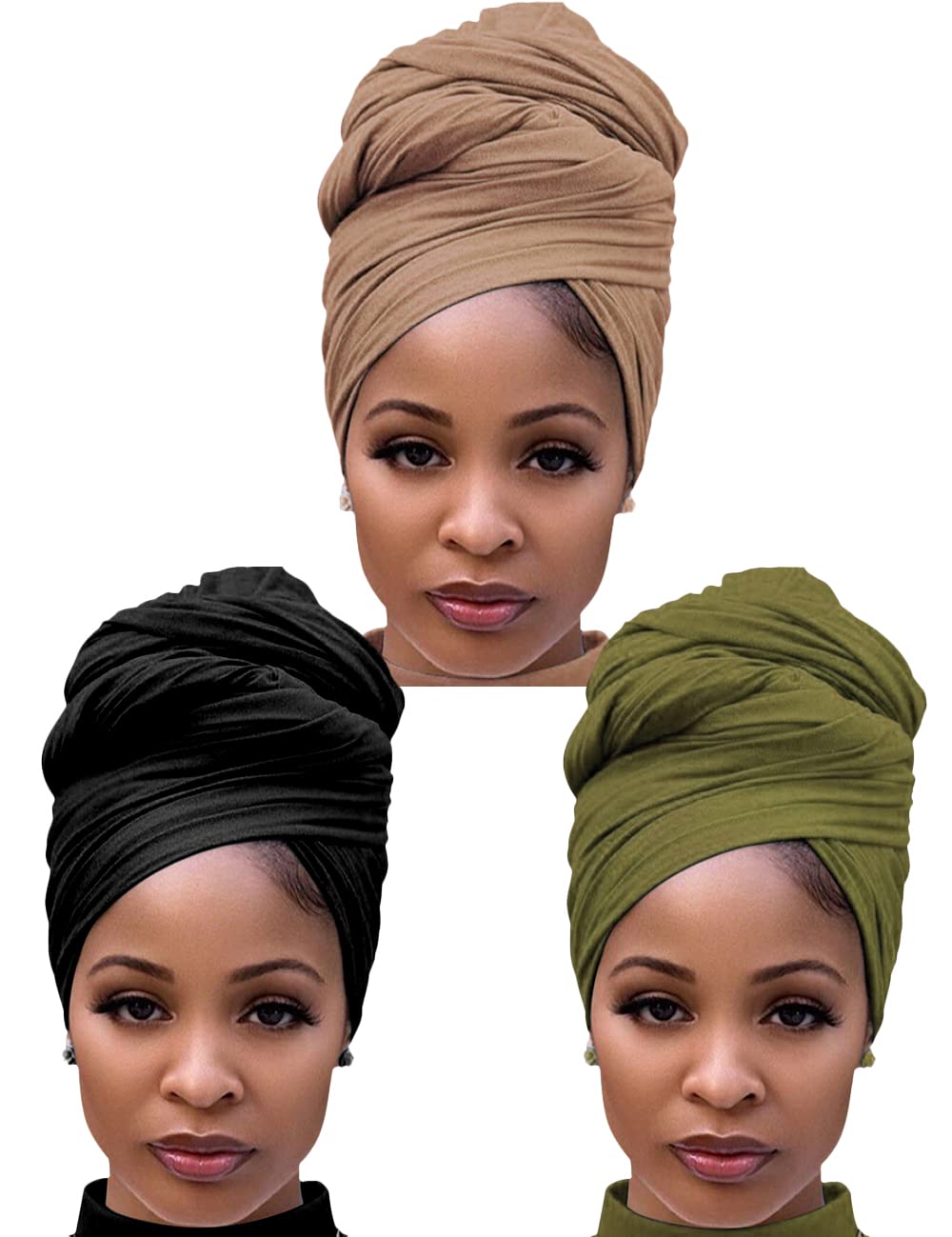 Harewom Black Hair Wrap for Women Long Stretch Jersey Head Scarf Summer Breathable Lightweight Turban Solid Color