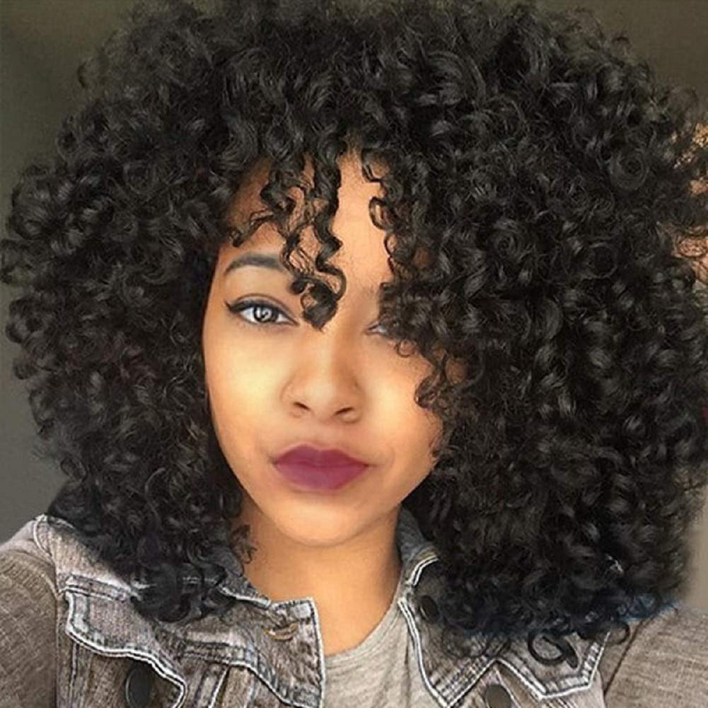 Kinky Curly Afro Wig with Bangs Ombre Gray Color Synthetic Mixed Wigs with 1 Wig Comb and 4pcs Wig Caps