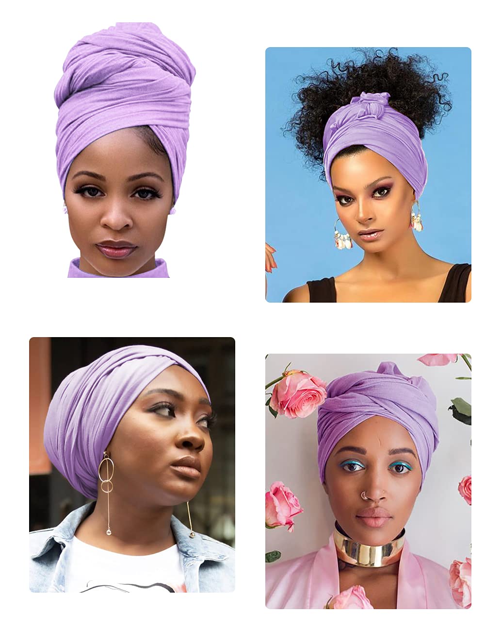 Harewom Black Hair Wrap for Women Long Stretch Jersey Head Scarf Summer Breathable Lightweight Turban Solid Color