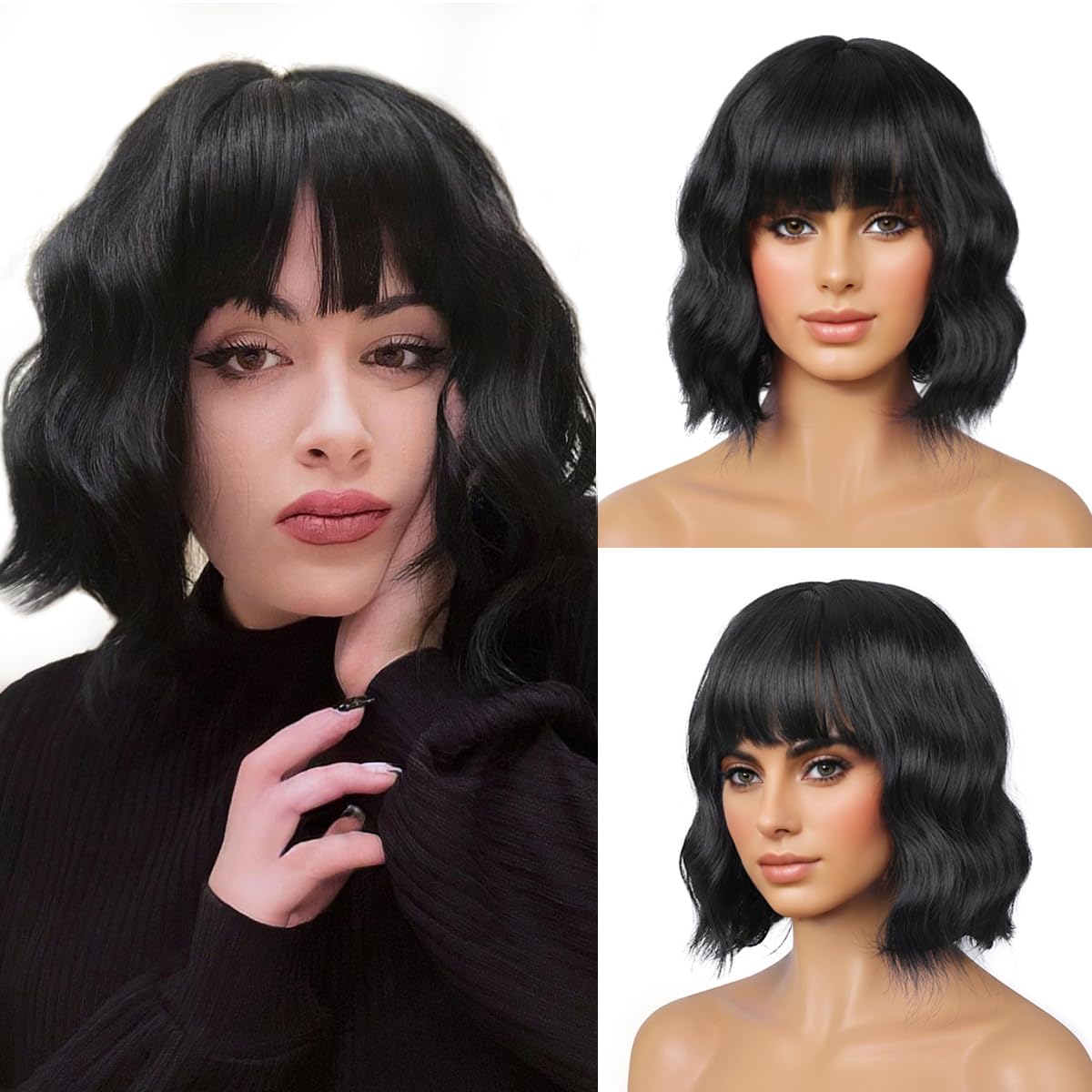 Short Wavy Black Wig with Bangs Bob Short Charming Curly Wavy Wig Women Synthetic Natural Looking Heat Resistant Fiber Hair for Women (14inch)