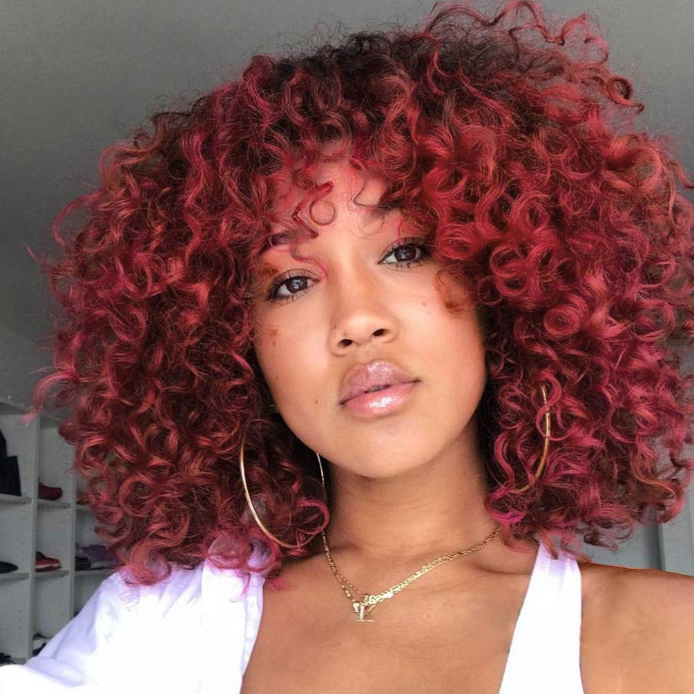 Kinky Curly Afro Wig with Bangs Ombre Gray Color Synthetic Mixed Wigs with 1 Wig Comb and 4pcs Wig Caps