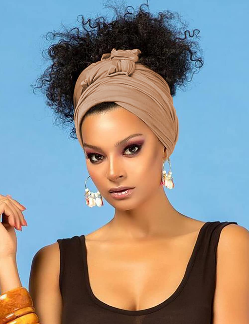 Harewom Black Hair Wrap for Women Long Stretch Jersey Head Scarf Summer Breathable Lightweight Turban Solid Color