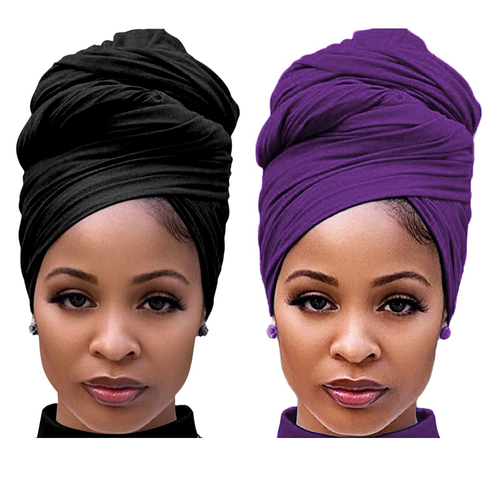 Harewom Black Hair Wrap for Women Long Stretch Jersey Head Scarf Summer Breathable Lightweight Turban Solid Color