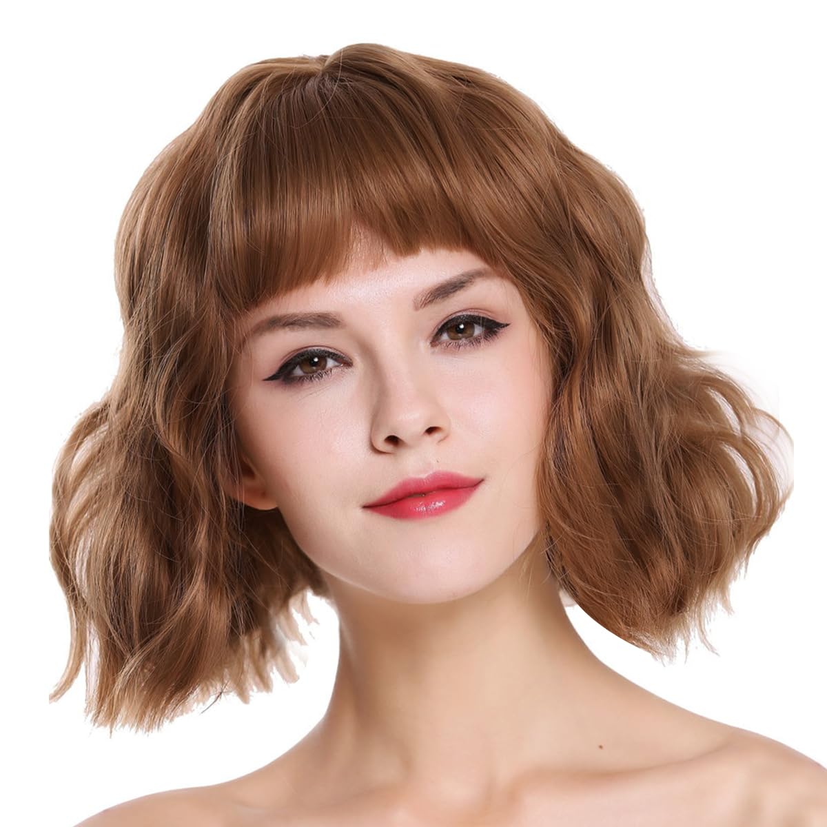 Short Wavy Black Wig with Bangs Bob Short Charming Curly Wavy Wig Women Synthetic Natural Looking Heat Resistant Fiber Hair for Women (14inch)