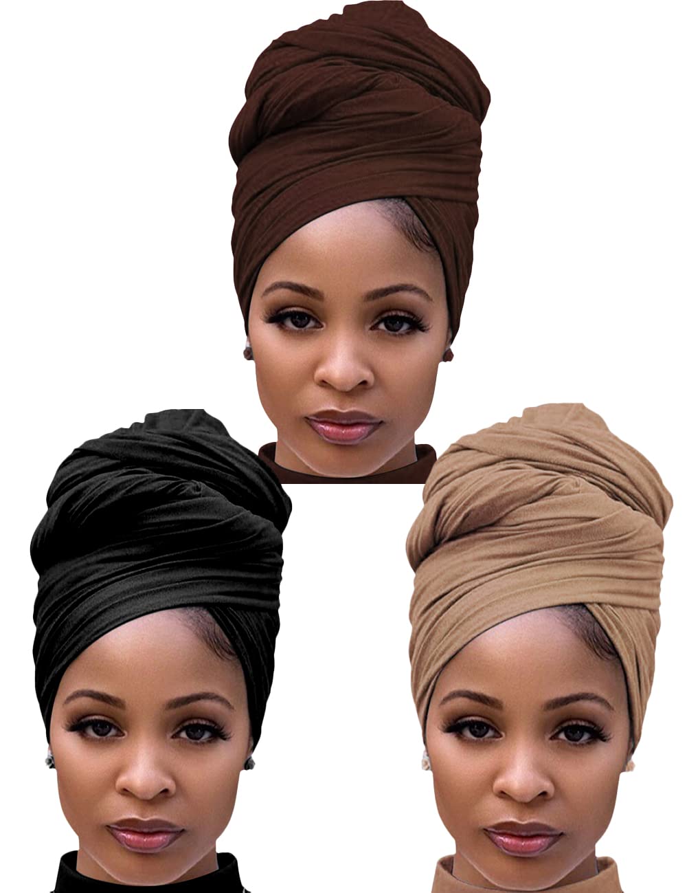 Harewom Black Hair Wrap for Women Long Stretch Jersey Head Scarf Summer Breathable Lightweight Turban Solid Color