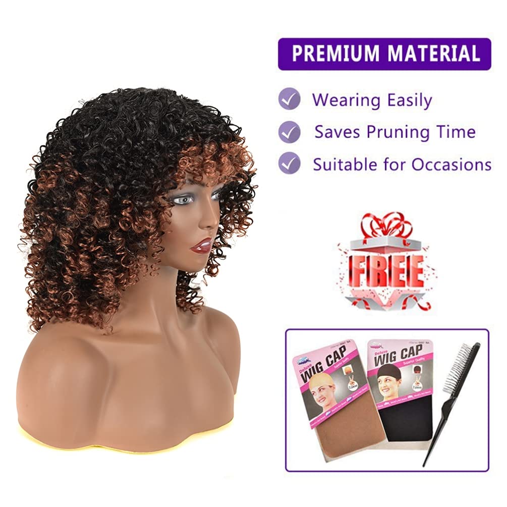 Kinky Curly Afro Wig with Bangs Ombre Gray Color Synthetic Mixed Wigs with 1 Wig Comb and 4pcs Wig Caps