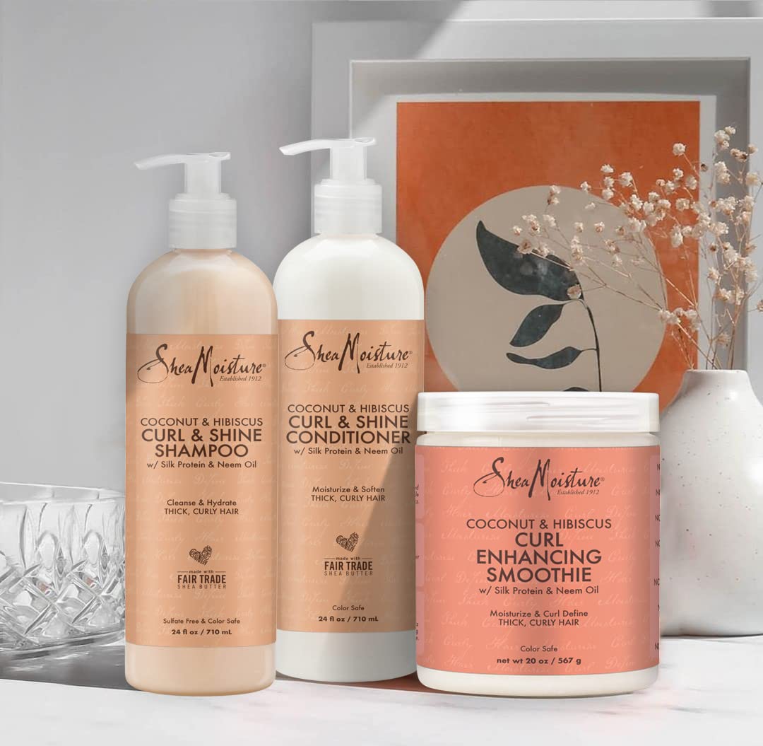 Shea Moisture Shampoo and Conditioner Set, Coconut and Hibiscus Curl & Shine 13-oz ea Bundled with Curl Enhancing Smoothie 12-oz. Curly Hair Products with Coconut Oil, Vitamin E & Neem Oil