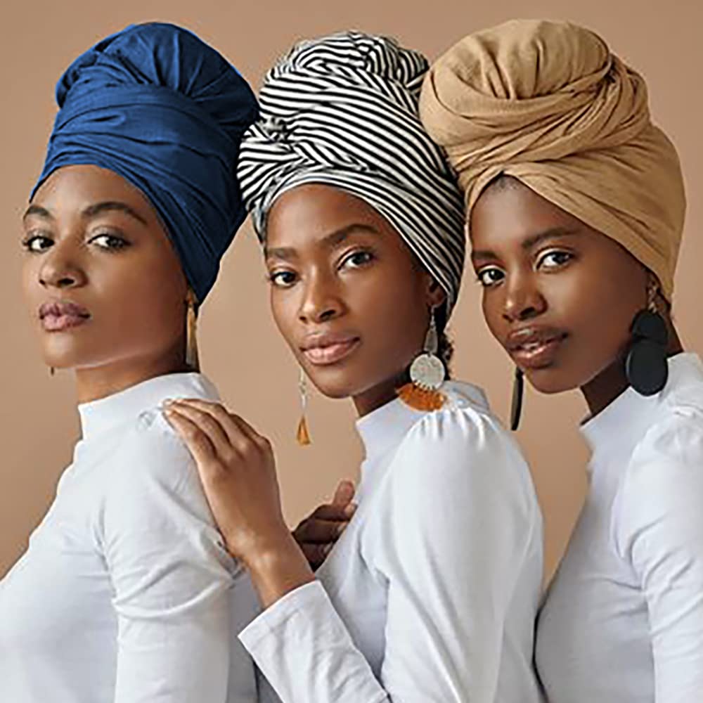 Harewom Black Hair Wrap for Women Long Stretch Jersey Head Scarf Summer Breathable Lightweight Turban Solid Color
