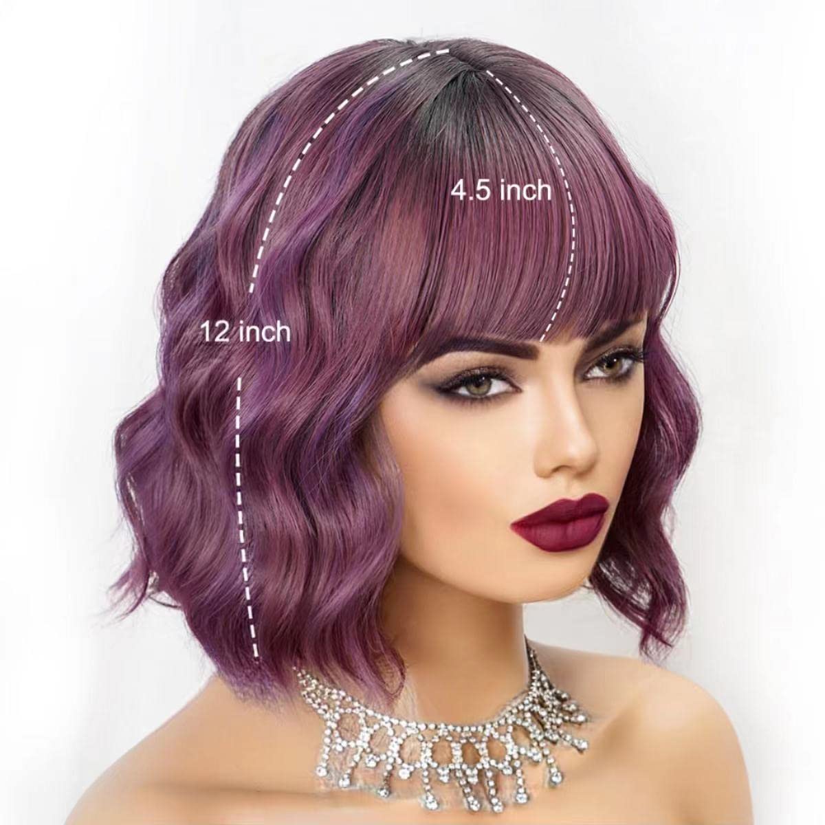 Short Wavy Black Wig with Bangs Bob Short Charming Curly Wavy Wig Women Synthetic Natural Looking Heat Resistant Fiber Hair for Women (14inch)
