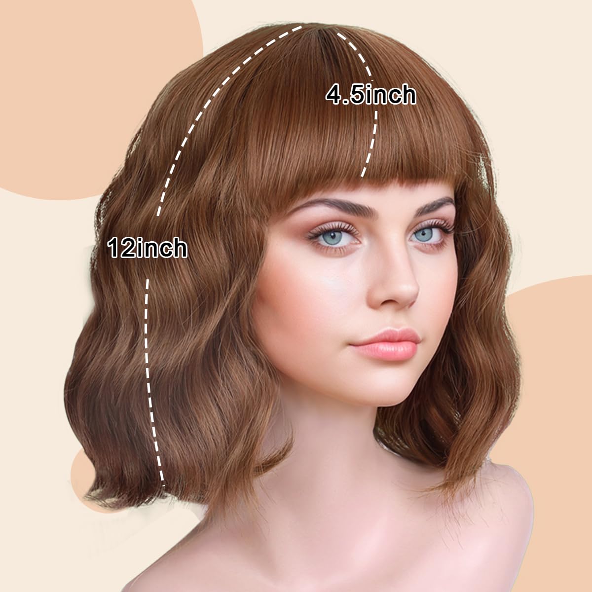 Short Wavy Black Wig with Bangs Bob Short Charming Curly Wavy Wig Women Synthetic Natural Looking Heat Resistant Fiber Hair for Women (14inch)