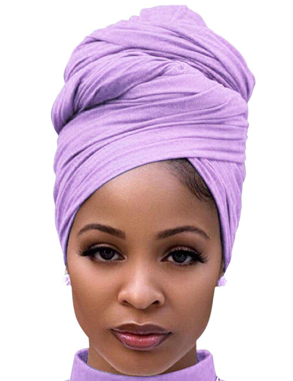 Harewom Black Hair Wrap for Women Long Stretch Jersey Head Scarf Summer Breathable Lightweight Turban Solid Color