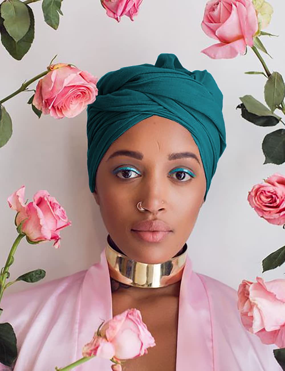 Harewom Black Hair Wrap for Women Long Stretch Jersey Head Scarf Summer Breathable Lightweight Turban Solid Color