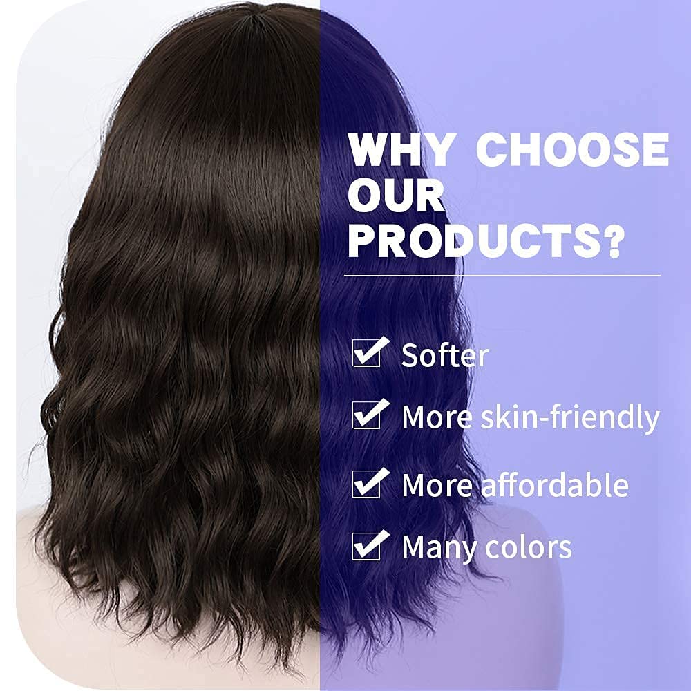Short Wavy Wig with Bangs for Women Shoulder Length Bob Curly Women's Charming Synthetic Wigs with Natural Wavy Black To Brown Heat Resistant Hair for Daily Party Use
