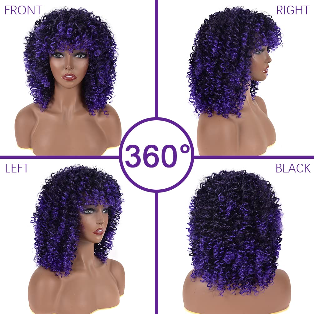Kinky Curly Afro Wig with Bangs Ombre Gray Color Synthetic Mixed Wigs with 1 Wig Comb and 4pcs Wig Caps