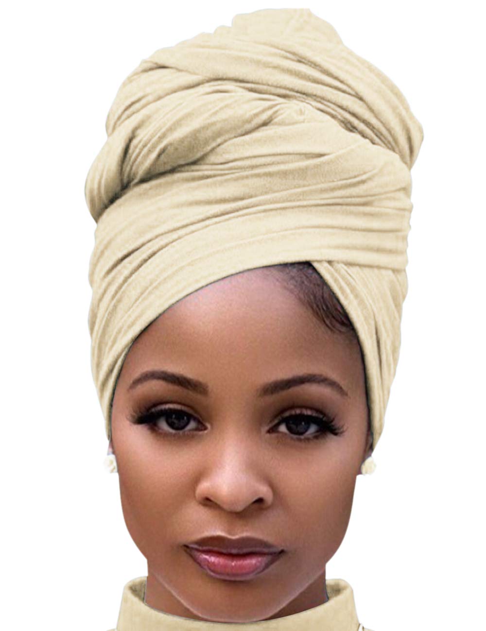 Harewom Black Hair Wrap for Women Long Stretch Jersey Head Scarf Summer Breathable Lightweight Turban Solid Color