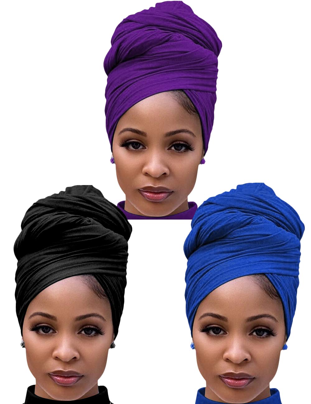 Harewom Black Hair Wrap for Women Long Stretch Jersey Head Scarf Summer Breathable Lightweight Turban Solid Color