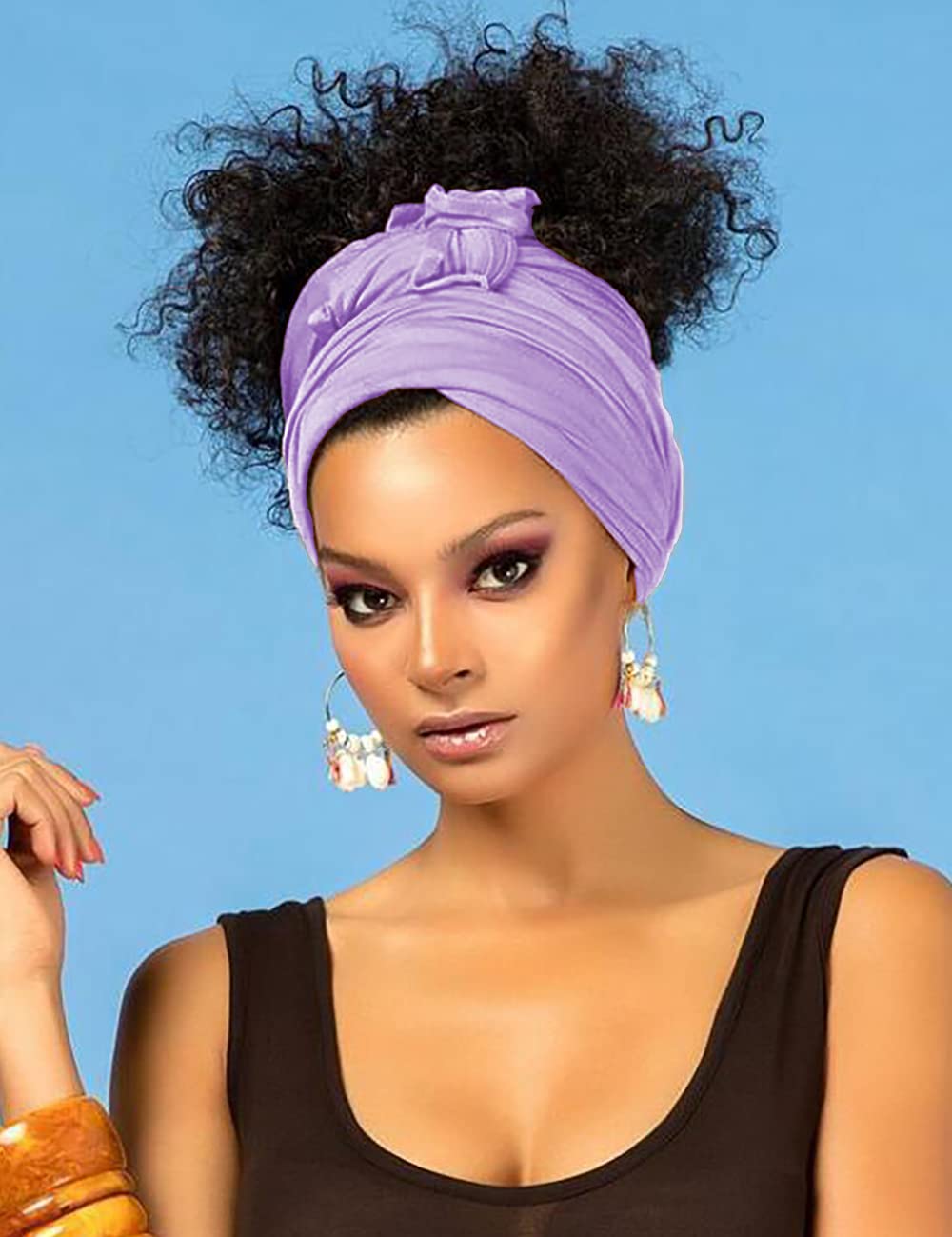 Harewom Black Hair Wrap for Women Long Stretch Jersey Head Scarf Summer Breathable Lightweight Turban Solid Color