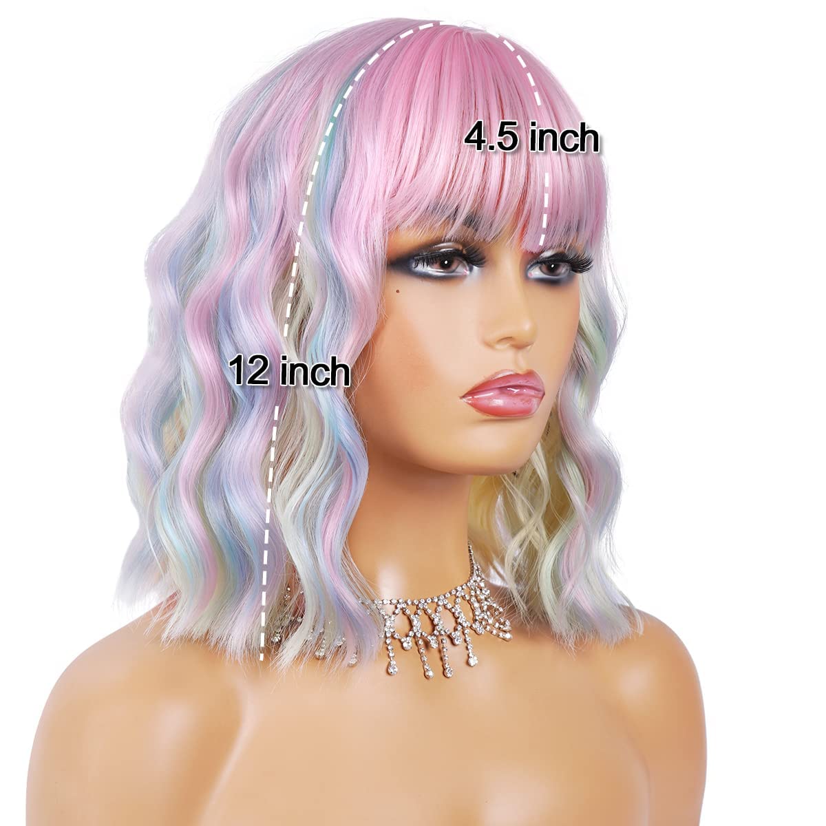Short Wavy Black Wig with Bangs Bob Short Charming Curly Wavy Wig Women Synthetic Natural Looking Heat Resistant Fiber Hair for Women (14inch)