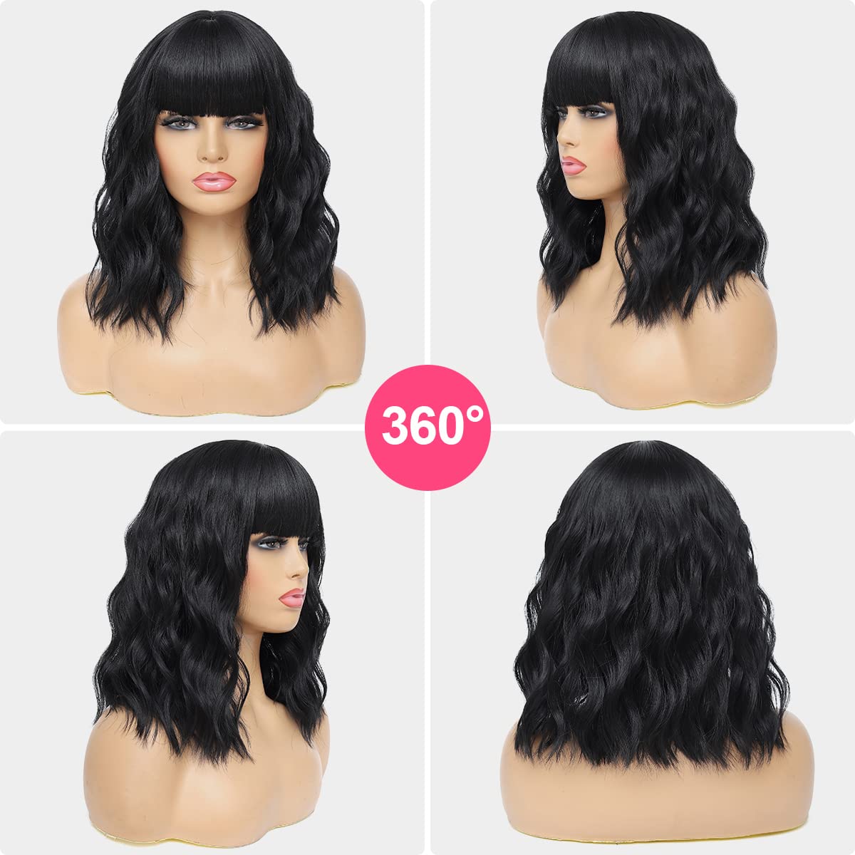 Short Wavy Wig with Bangs Black Mixed Brown Short Bob Wigs Shoulder Length Wear and Go Glueless Wigs Heat Resistant Fiber Synthetic Wig with Bangs