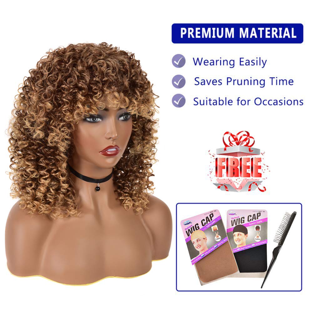 Kinky Curly Afro Wig with Bangs Ombre Gray Color Synthetic Mixed Wigs with 1 Wig Comb and 4pcs Wig Caps