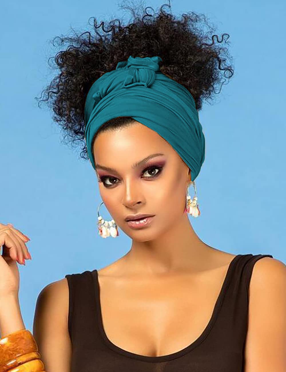 Harewom Black Hair Wrap for Women Long Stretch Jersey Head Scarf Summer Breathable Lightweight Turban Solid Color