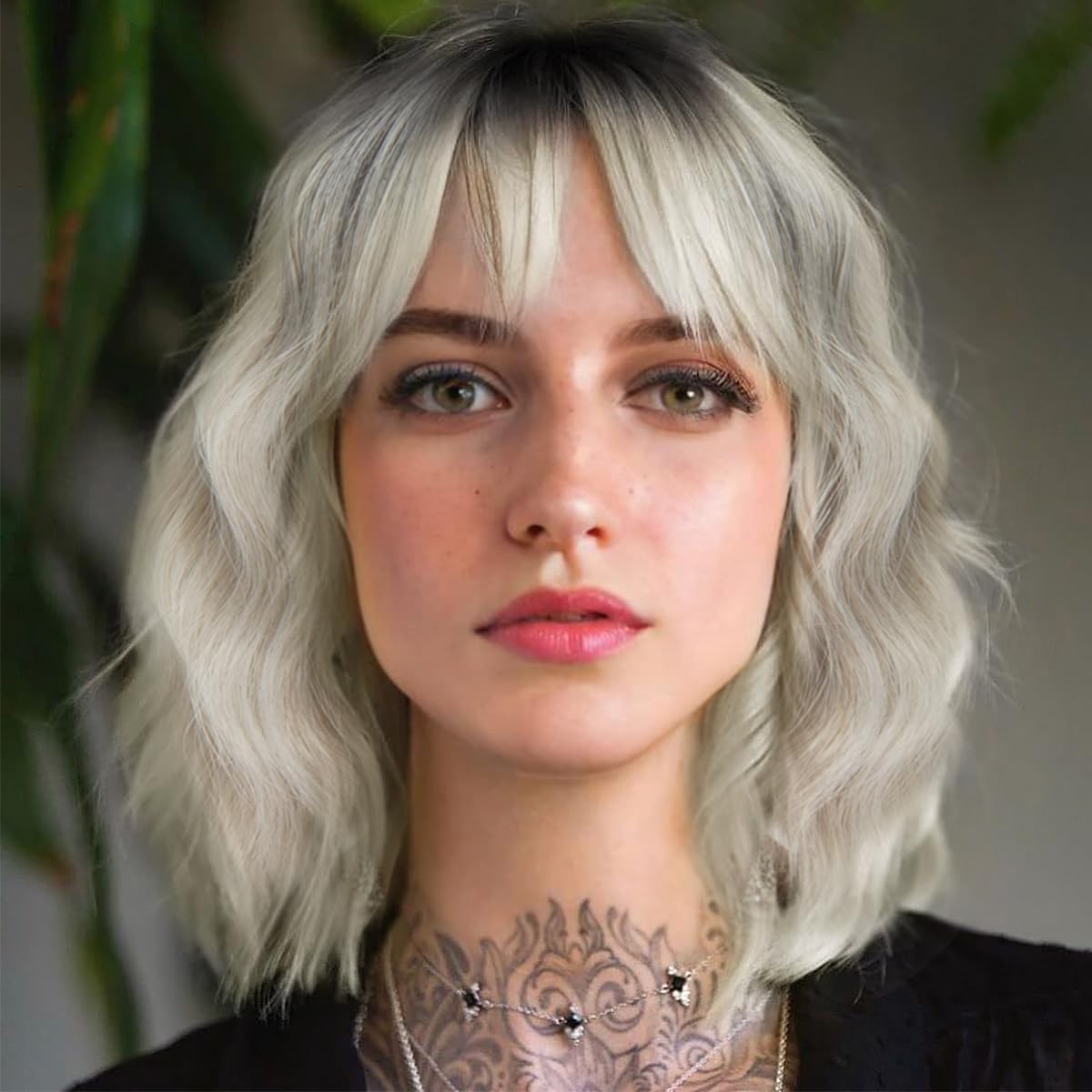 Short Wavy Black Wig with Bangs Bob Short Charming Curly Wavy Wig Women Synthetic Natural Looking Heat Resistant Fiber Hair for Women (14inch)