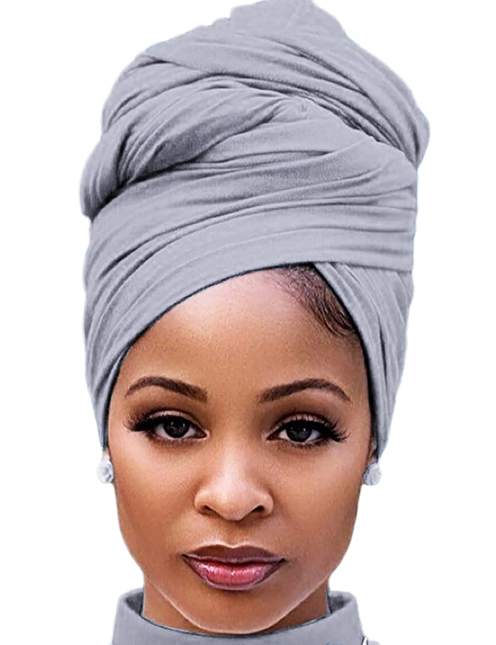 Harewom Black Hair Wrap for Women Long Stretch Jersey Head Scarf Summer Breathable Lightweight Turban Solid Color