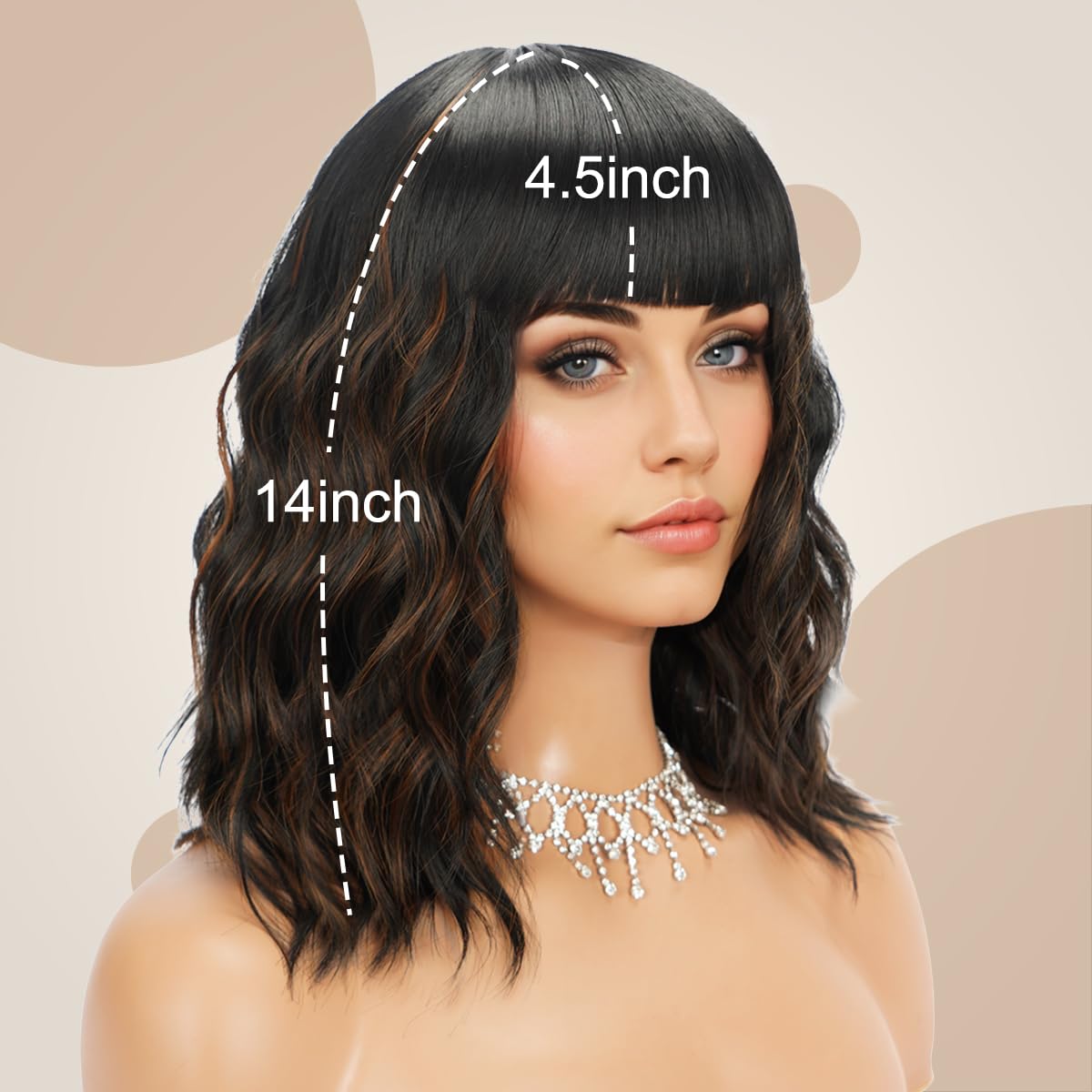 Short Wavy Black Wig with Bangs Bob Short Charming Curly Wavy Wig Women Synthetic Natural Looking Heat Resistant Fiber Hair for Women (14inch)