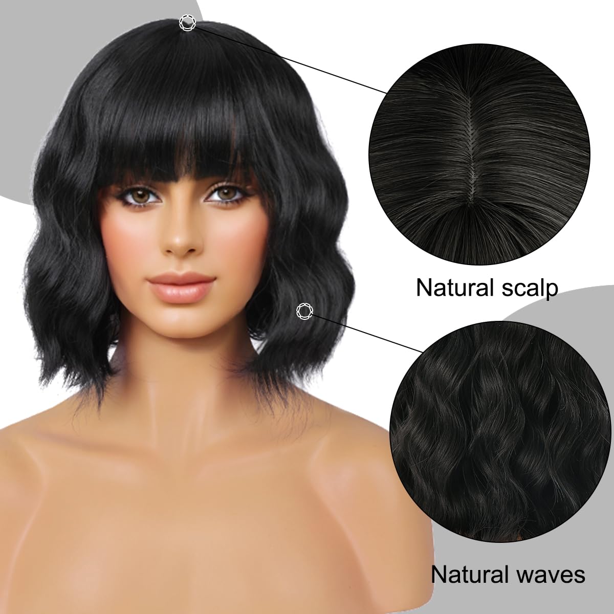 Short Wavy Black Wig with Bangs Bob Short Charming Curly Wavy Wig Women Synthetic Natural Looking Heat Resistant Fiber Hair for Women (14inch)
