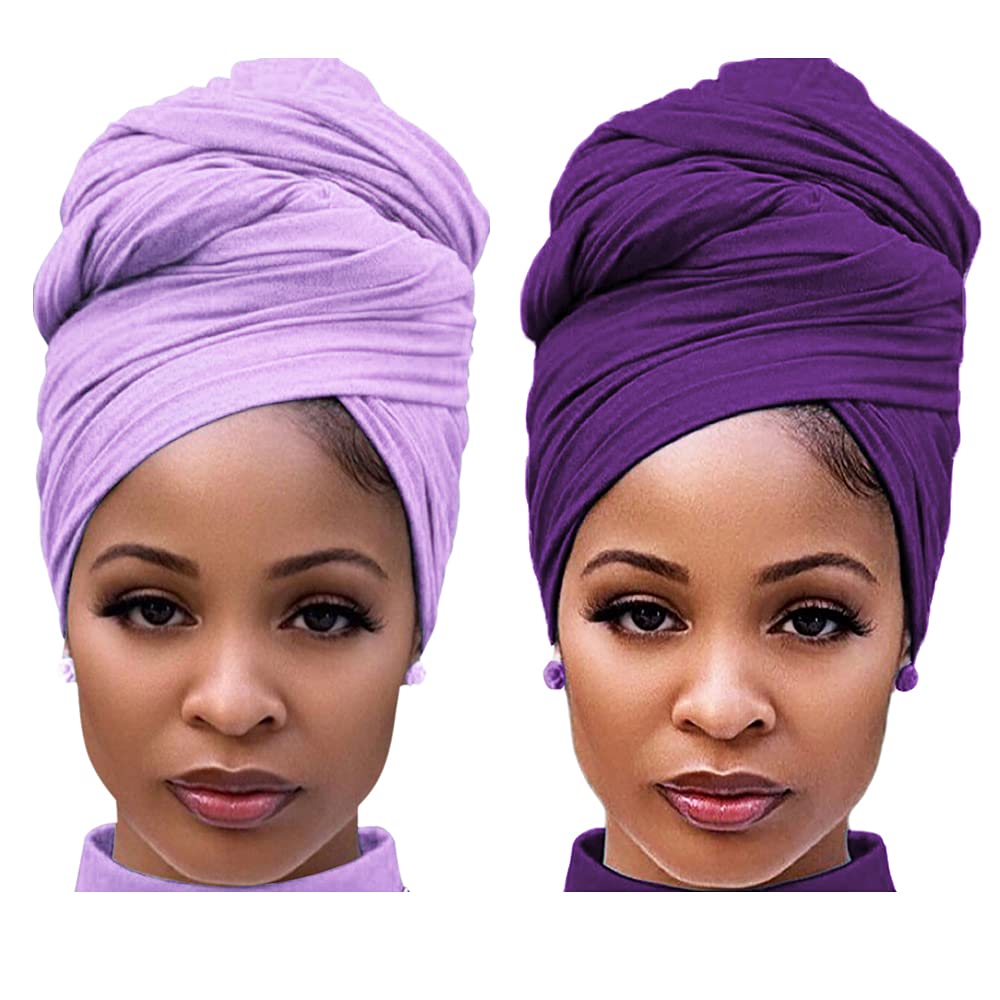 Harewom Black Hair Wrap for Women Long Stretch Jersey Head Scarf Summer Breathable Lightweight Turban Solid Color