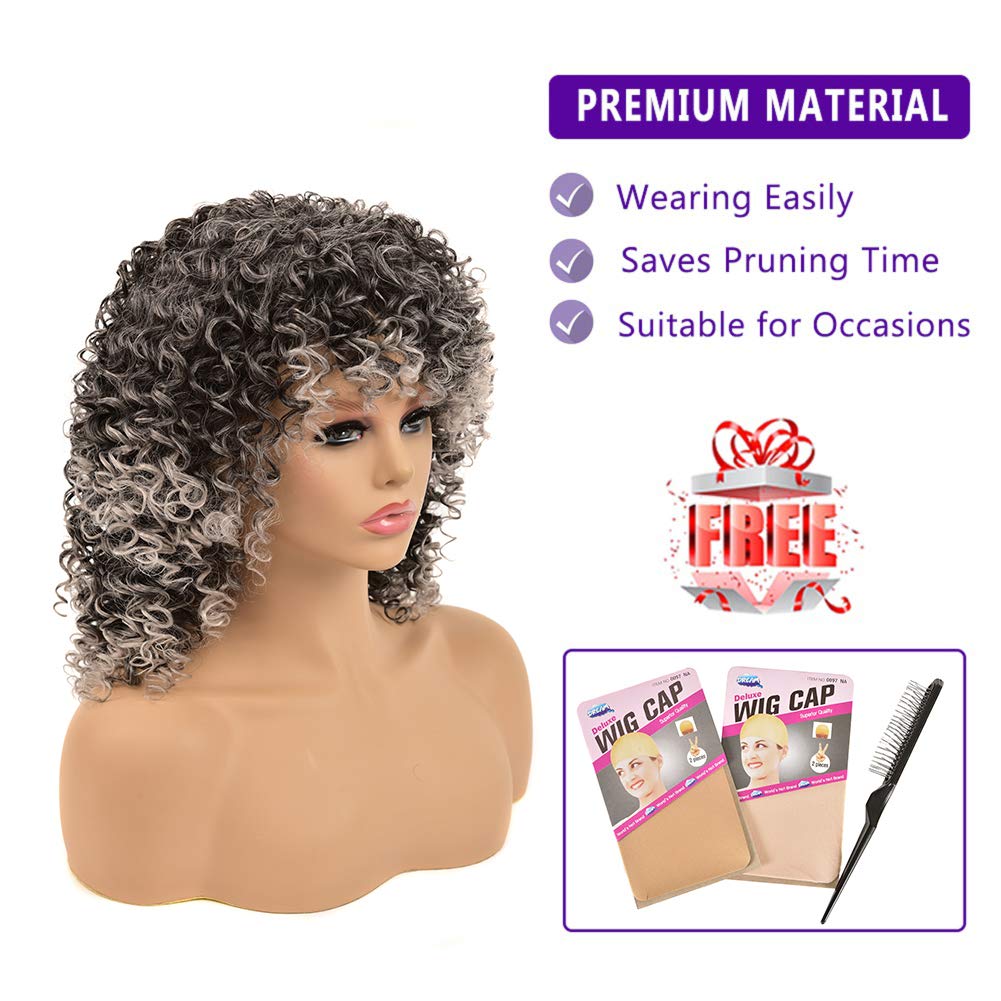 Kinky Curly Afro Wig with Bangs Ombre Gray Color Synthetic Mixed Wigs with 1 Wig Comb and 4pcs Wig Caps