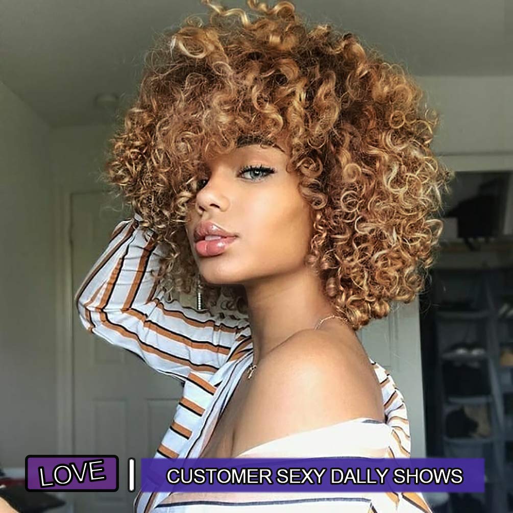 Kinky Curly Afro Wig with Bangs Ombre Gray Color Synthetic Mixed Wigs with 1 Wig Comb and 4pcs Wig Caps