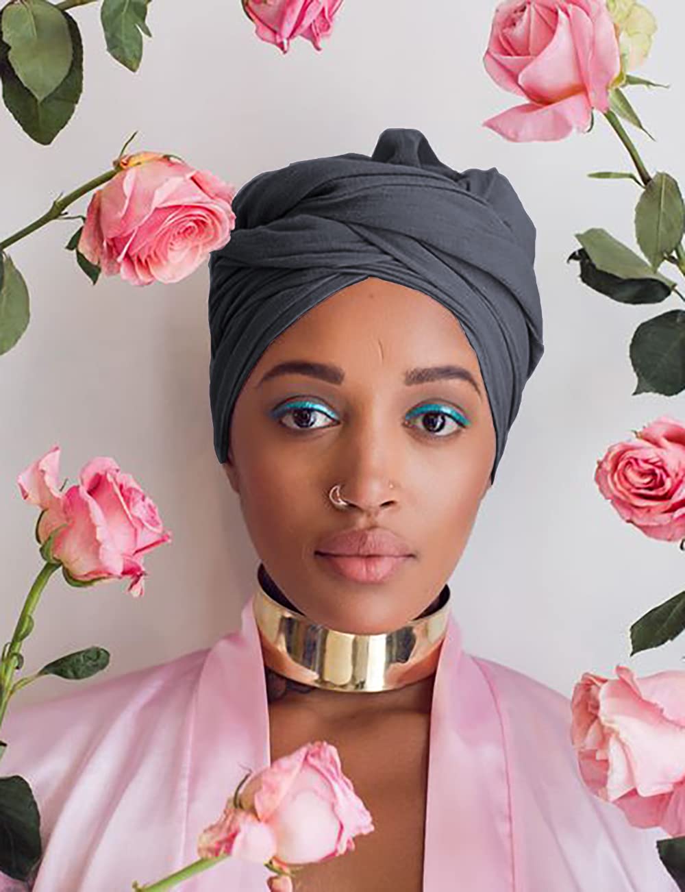 Harewom Black Hair Wrap for Women Long Stretch Jersey Head Scarf Summer Breathable Lightweight Turban Solid Color