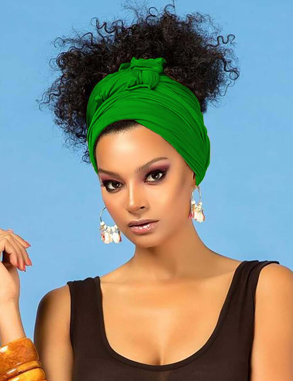 Harewom Black Hair Wrap for Women Long Stretch Jersey Head Scarf Summer Breathable Lightweight Turban Solid Color