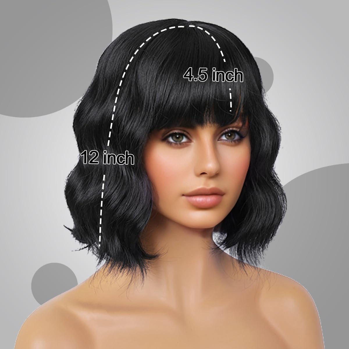 Short Wavy Black Wig with Bangs Bob Short Charming Curly Wavy Wig Women Synthetic Natural Looking Heat Resistant Fiber Hair for Women (14inch)