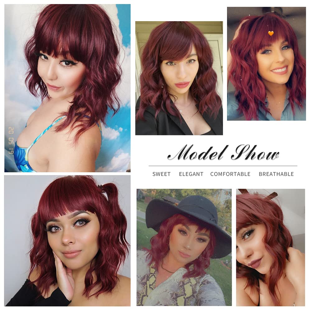 Short Wavy Wig with Bangs for Women Shoulder Length Bob Curly Women's Charming Synthetic Wigs with Natural Wavy Black To Brown Heat Resistant Hair for Daily Party Use
