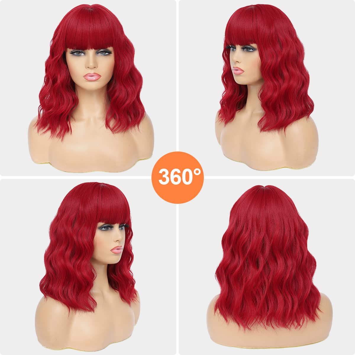Short Wavy Wig with Bangs Black Mixed Brown Short Bob Wigs Shoulder Length Wear and Go Glueless Wigs Heat Resistant Fiber Synthetic Wig with Bangs