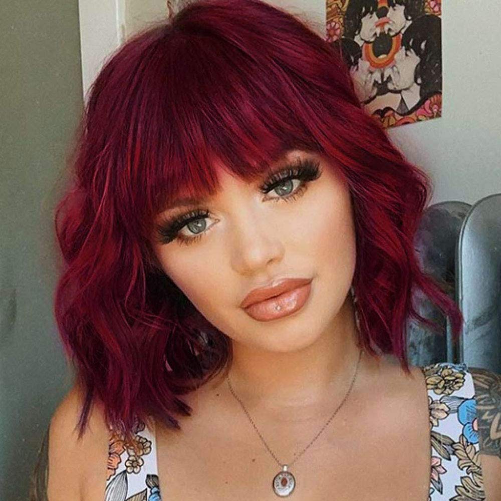 Short Wavy Black Wig with Bangs Bob Short Charming Curly Wavy Wig Women Synthetic Natural Looking Heat Resistant Fiber Hair for Women (14inch)