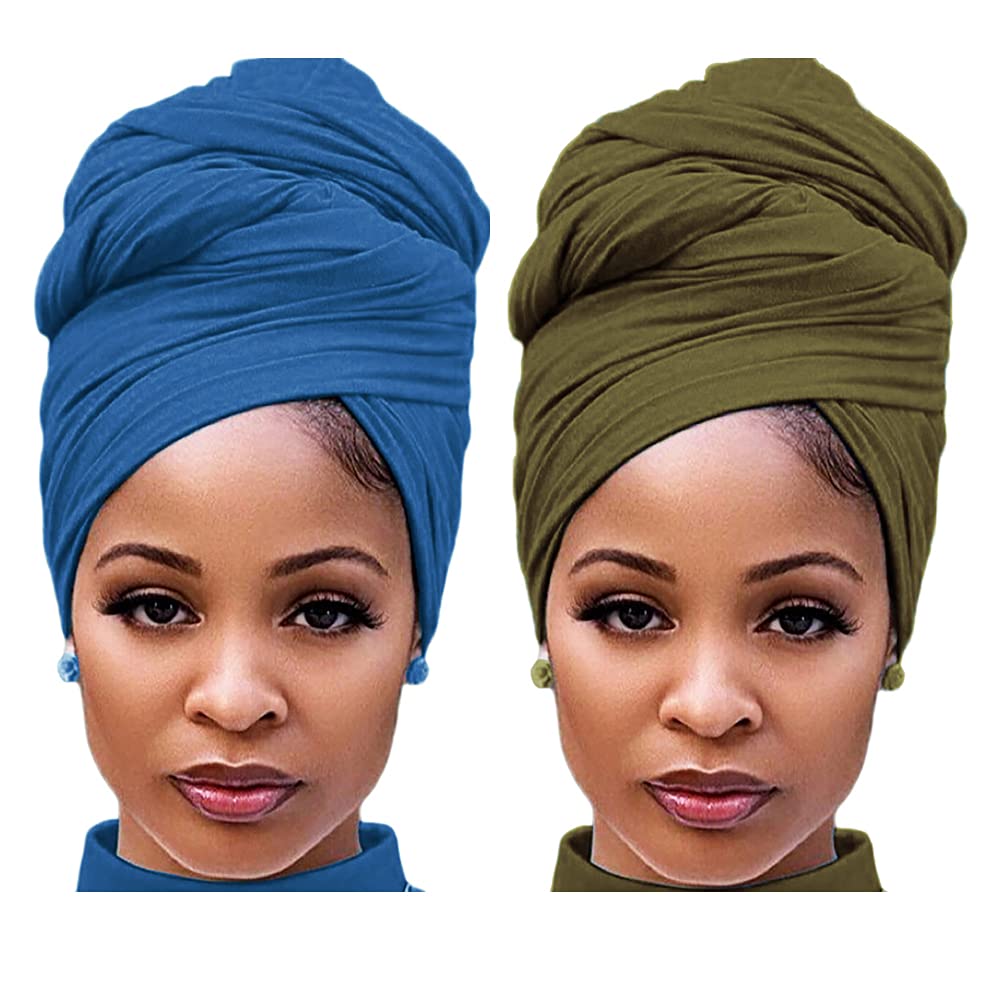 Harewom Black Hair Wrap for Women Long Stretch Jersey Head Scarf Summer Breathable Lightweight Turban Solid Color