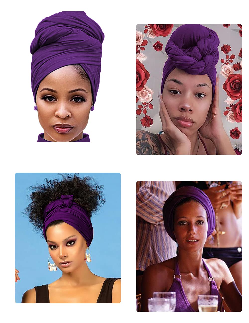 Harewom Black Hair Wrap for Women Long Stretch Jersey Head Scarf Summer Breathable Lightweight Turban Solid Color