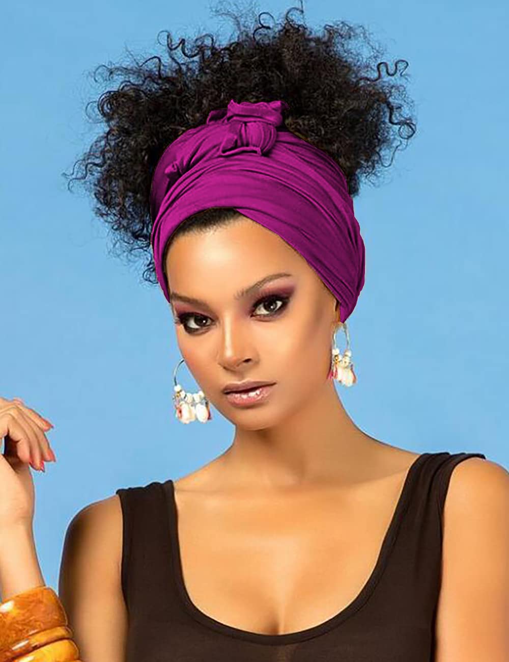 Harewom Black Hair Wrap for Women Long Stretch Jersey Head Scarf Summer Breathable Lightweight Turban Solid Color