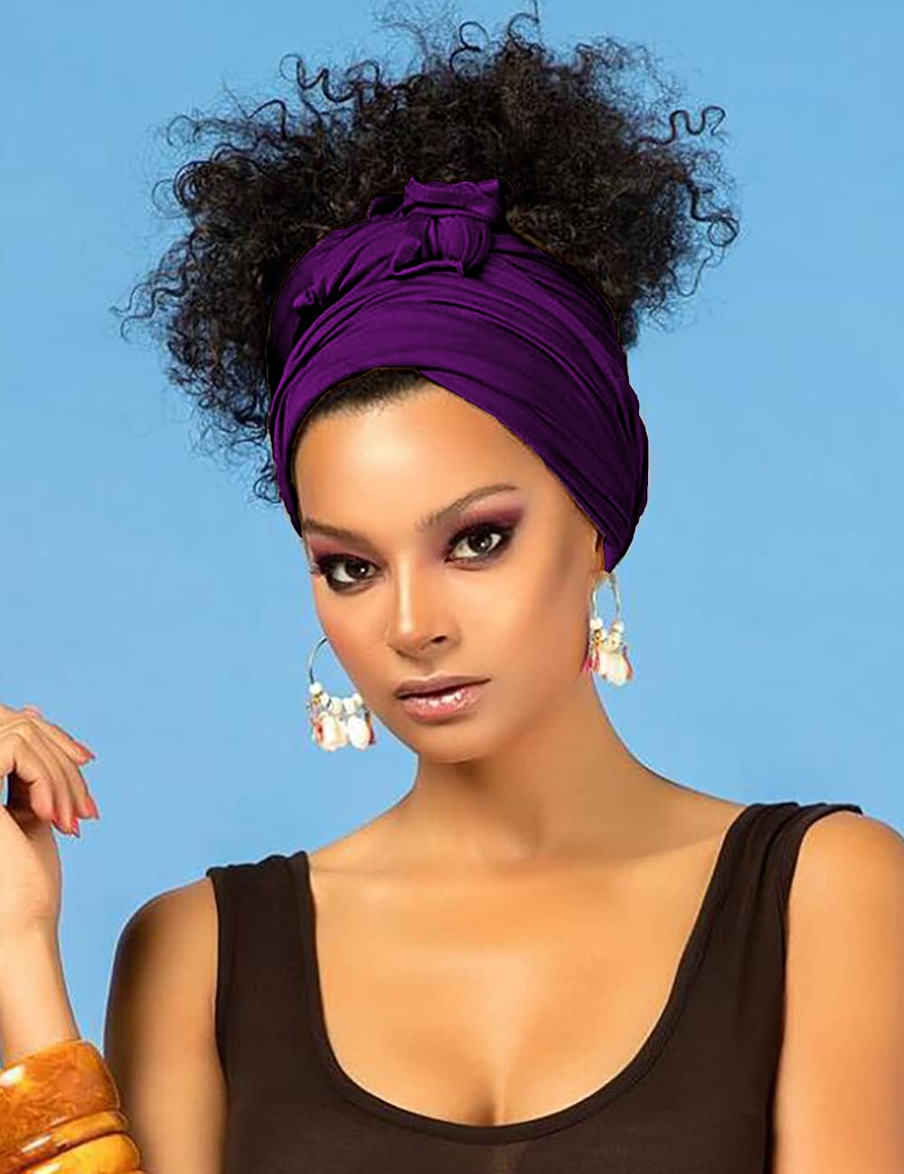 Harewom Black Hair Wrap for Women Long Stretch Jersey Head Scarf Summer Breathable Lightweight Turban Solid Color