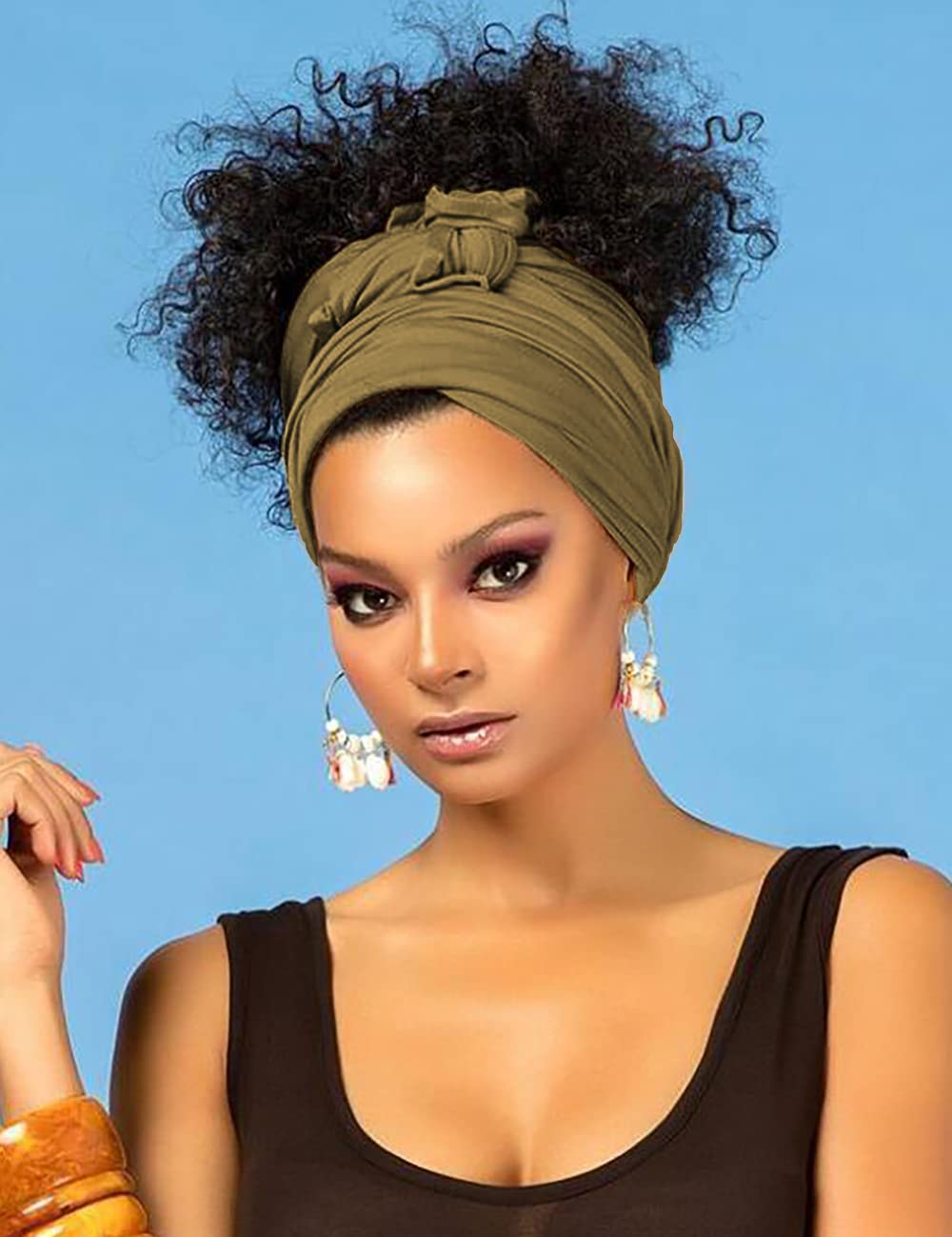 Harewom Black Hair Wrap for Women Long Stretch Jersey Head Scarf Summer Breathable Lightweight Turban Solid Color