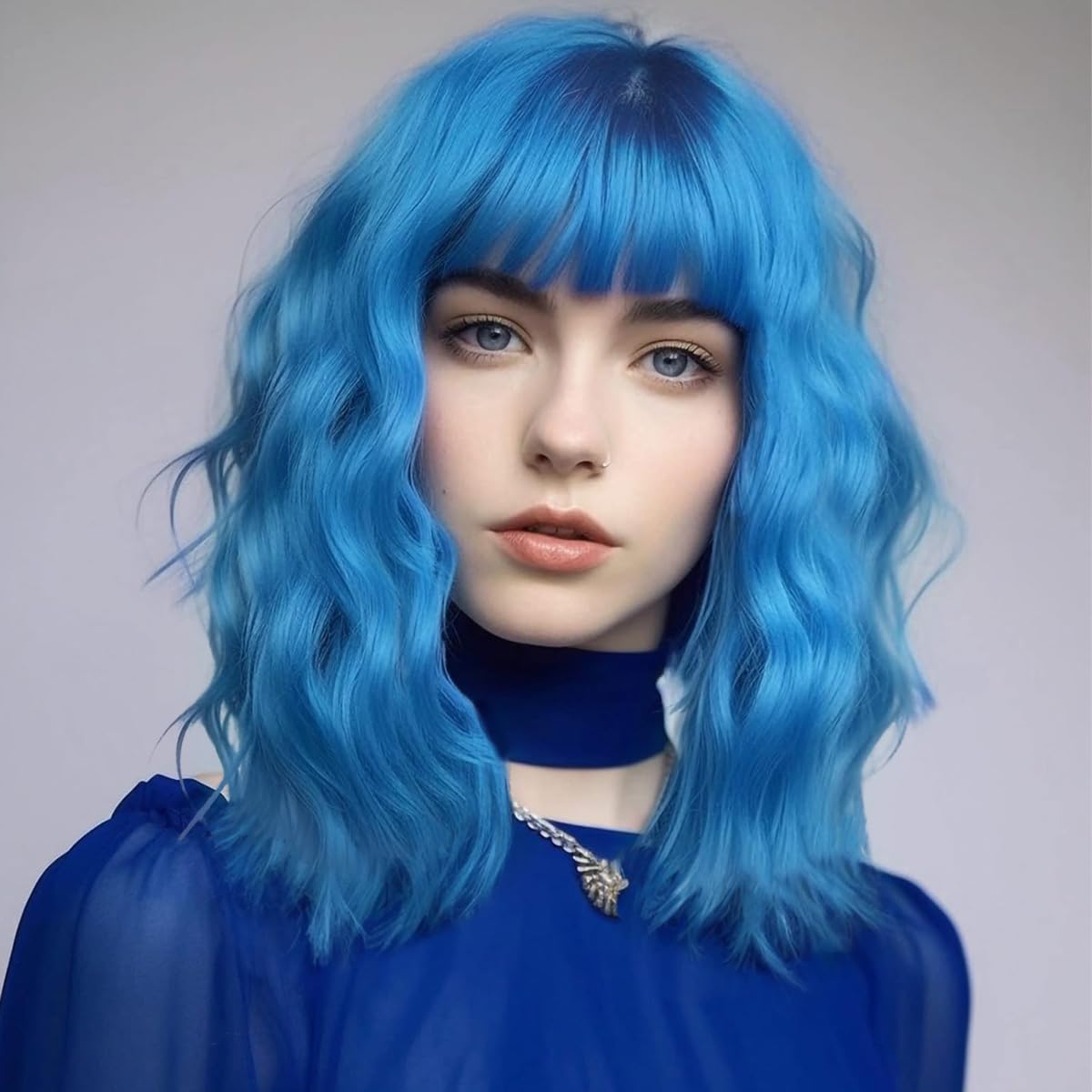 Short Wavy Black Wig with Bangs Bob Short Charming Curly Wavy Wig Women Synthetic Natural Looking Heat Resistant Fiber Hair for Women (14inch)
