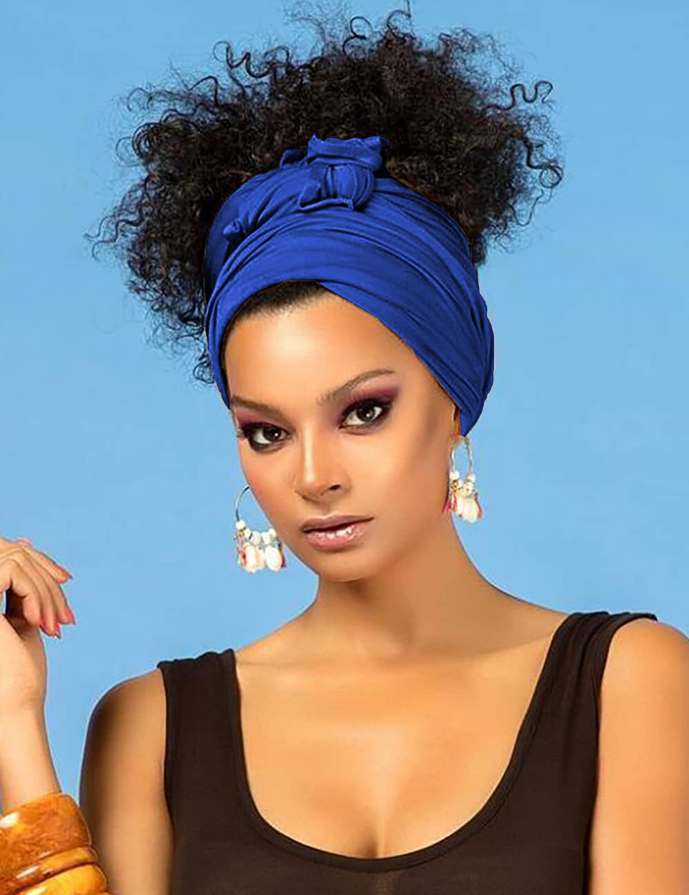 Harewom Black Hair Wrap for Women Long Stretch Jersey Head Scarf Summer Breathable Lightweight Turban Solid Color