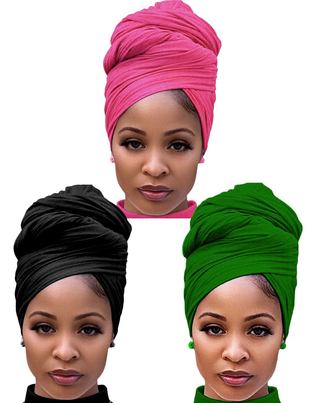 Harewom Black Hair Wrap for Women Long Stretch Jersey Head Scarf Summer Breathable Lightweight Turban Solid Color