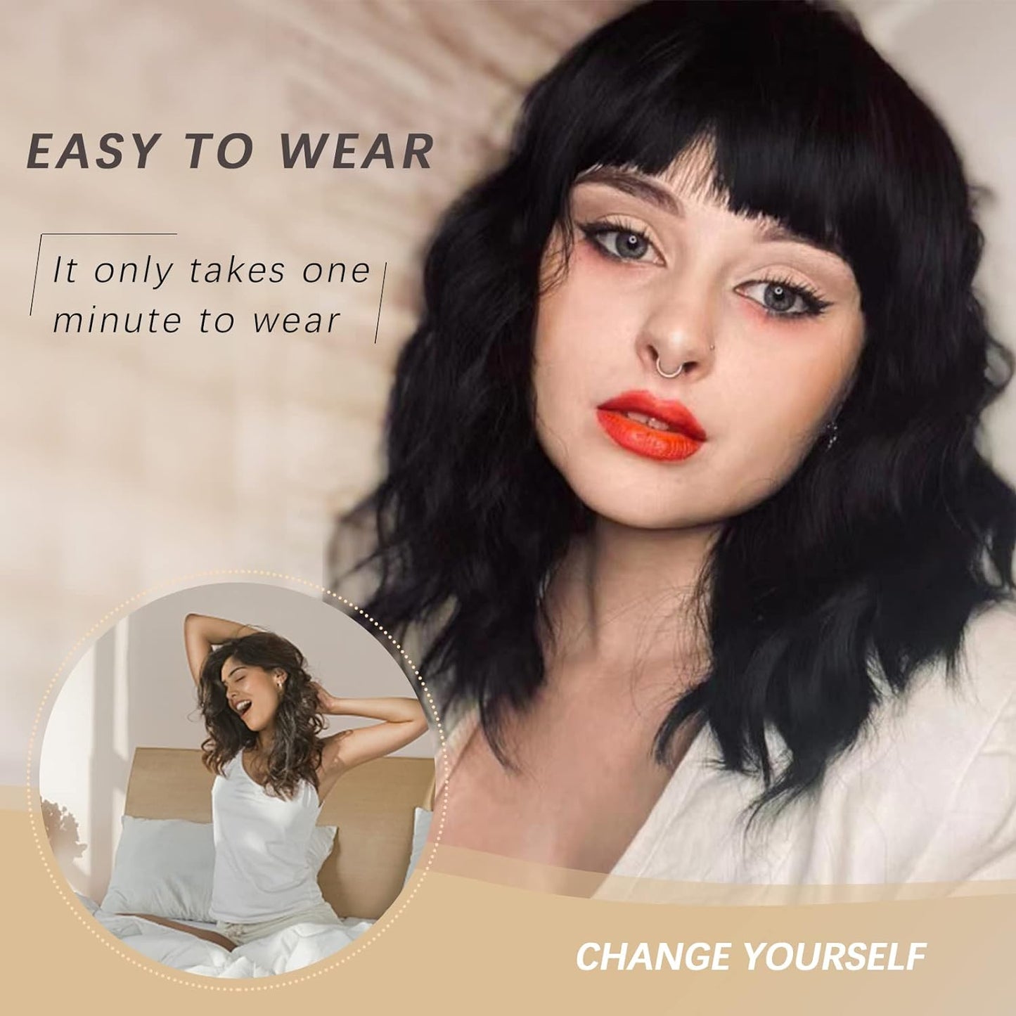 Short Wavy Wig with Bangs for Women Shoulder Length Bob Curly Women's Charming Synthetic Wigs with Natural Wavy Black To Brown Heat Resistant Hair for Daily Party Use