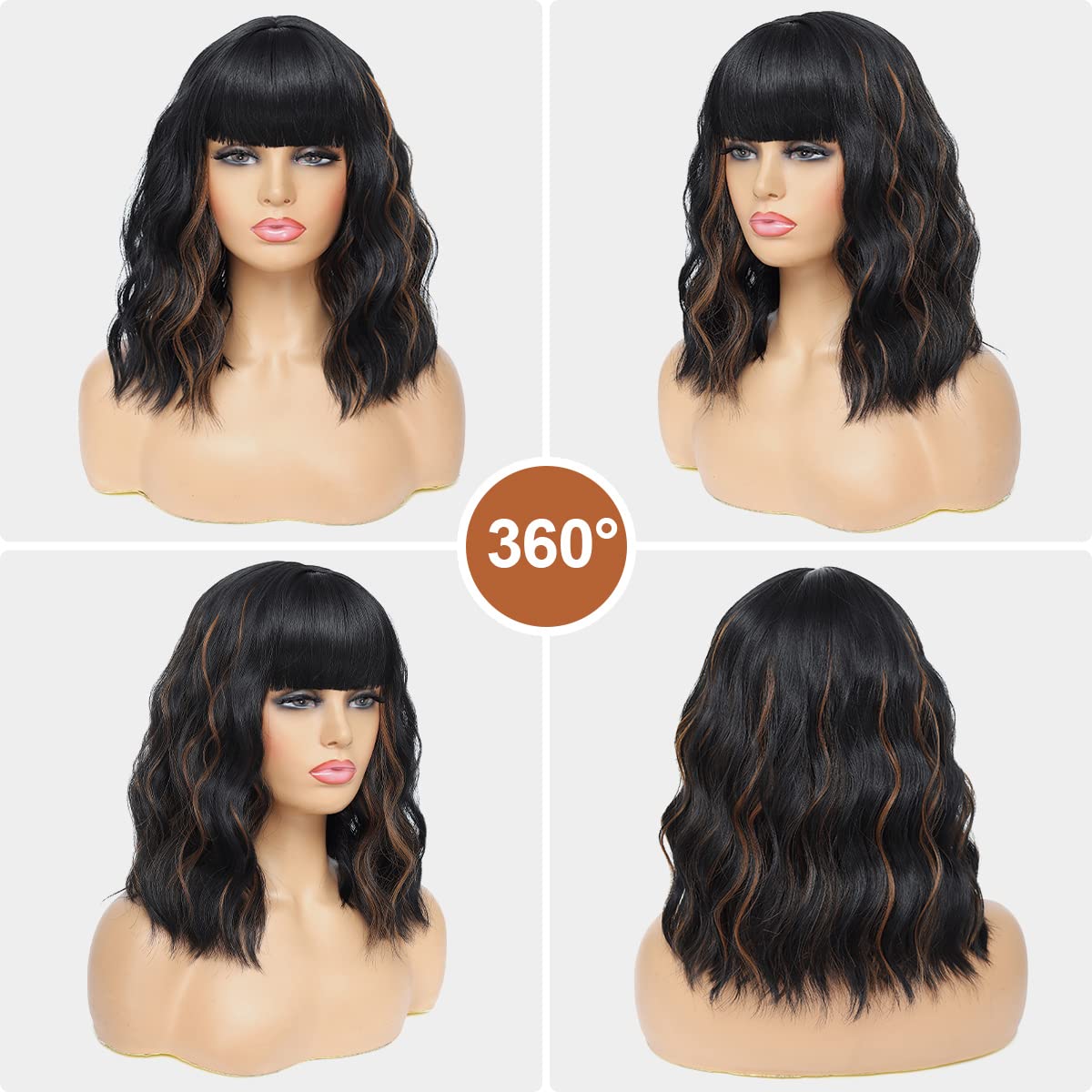 Short Wavy Wig with Bangs Black Mixed Brown Short Bob Wigs Shoulder Length Wear and Go Glueless Wigs Heat Resistant Fiber Synthetic Wig with Bangs